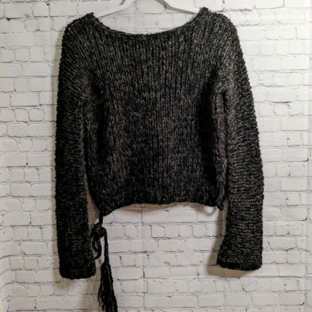 Vintage joan vass ny Hand Knit Wool Boxy Cut Sweater Tassels Black/Grey Women OS